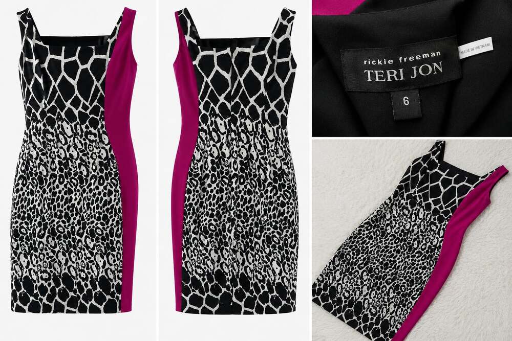 Rickie Freeman for Teri Jon Animal Print Color Block Sheath Dress.